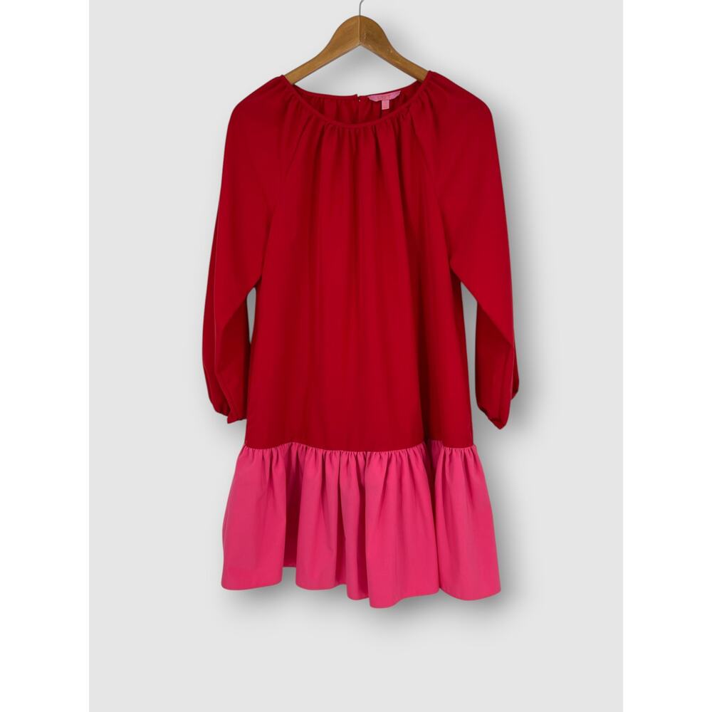 LDT Red and Pink Colorblock Drop Waist Ruffle Hem Mini Dress Size 2